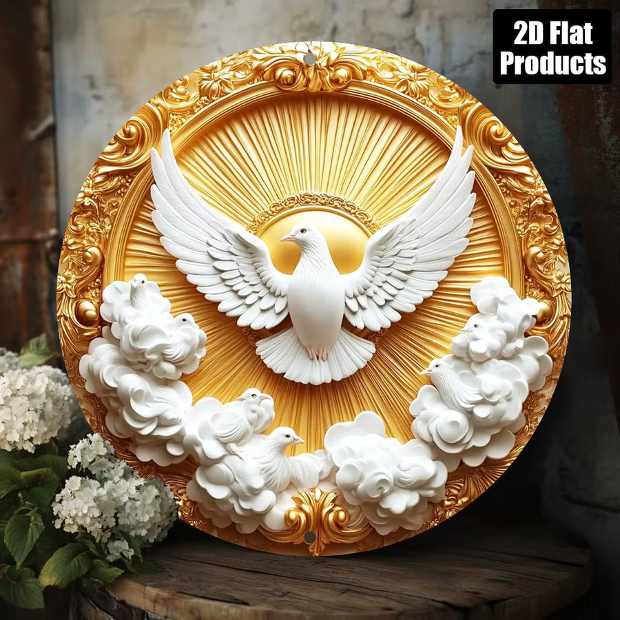 Rundes Aluminiumschild Potdemiel mit Tauben-Motiv in Gold, Vintage Wanddeko aus Metall, Durchmesser: 20 cm - Bild 3