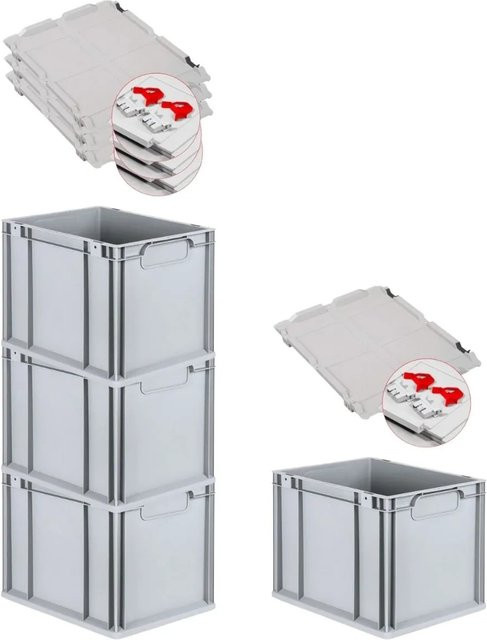 PROREGAL Spar Set 4x Eurobox Nextgen Economy mit Scharnierdeckel und roten Schiebeschnappverschlüssen, Grau/Rot, H x B x T: 32 x 30 x 40 cm - Bild 1