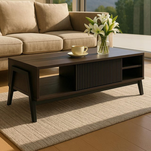 Couchtisch MCW-O40 in Walnuss-Optik mit Staufächern und Schiebetür, B/T/H: 120 x 42 x 60 cm - Bild 1