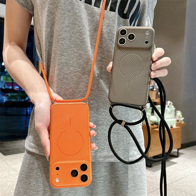 lolozzx Crossbody Lanyard Handyhülle mit Carbonfaser-Muster für iPhone 17 Pro Max 16 15 14 Plus 13 12 11 Air, MagSafe kompatibles weiches TPU Cover in Blau und Orange - Bild 1