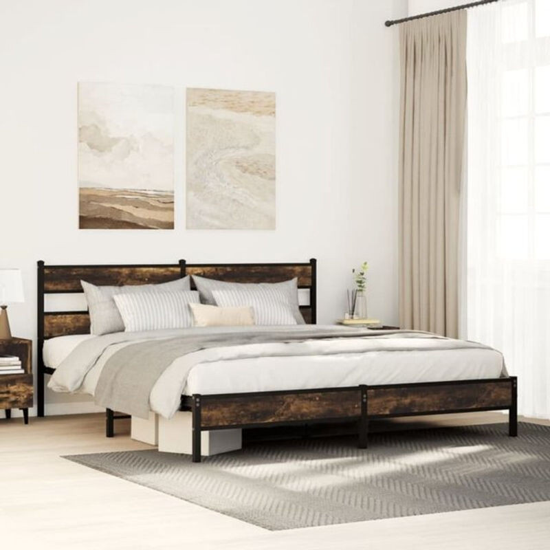 Metallbett Vidaxl in Räuchereiche und Braun im Industrial Design, B/T/H: 193 x 203 x 91,5 cm - Bild 1