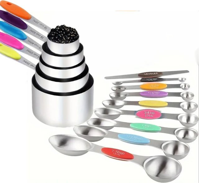 14-teiliges Edelstahl Messbecher und Löffel Set von SONGKANGLING in Silber, inklusive 5 stapelbarer Messbecher - Bild 1