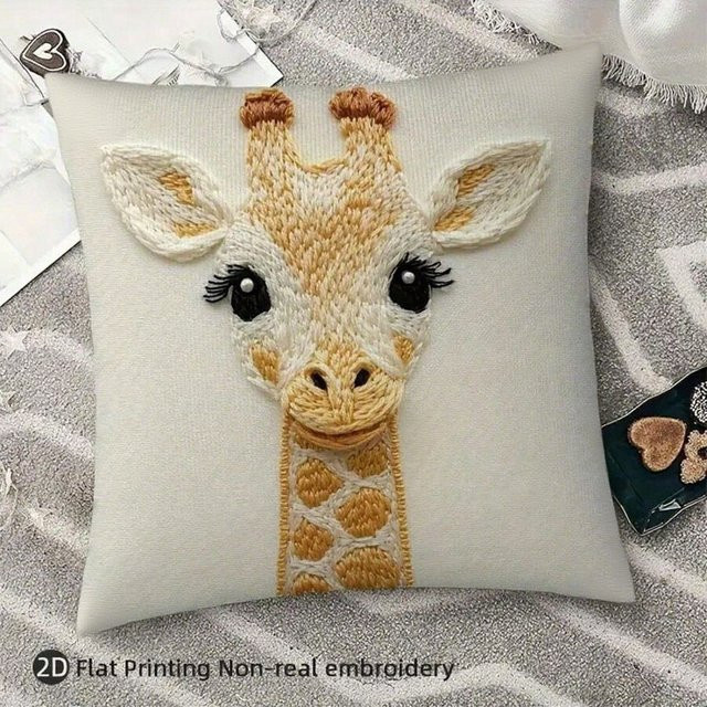 VIKAMA Kissenbezug mit Giraffen-Motiv in Weiß, 2D-Stick-Optik für Kinderzimmer und Wohnzimmer, B/B/H: 40 x 40 x 40 cm - Bild 1