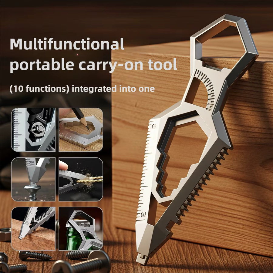JIMIHOME EDC Multitool 10-in-1 Schlüsselanhänger in Silber mit Säge, Flaschenöffner und Boxöffner für Camping und Alltag - Bild 2