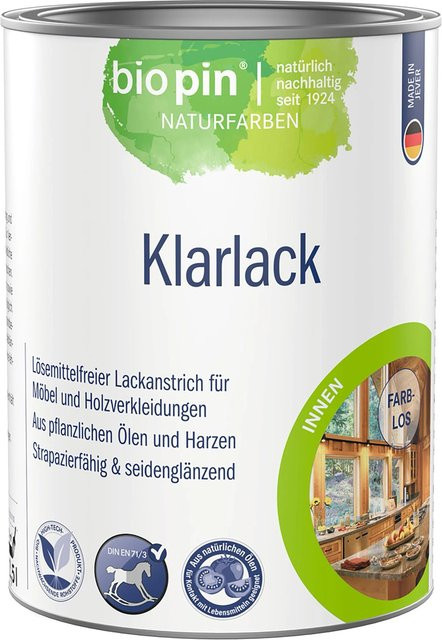 Biopin Klarlack für Holz, wasserbasiert, farblos, seidenmatt, lebensmittelecht, 2,5 l - Bild 1