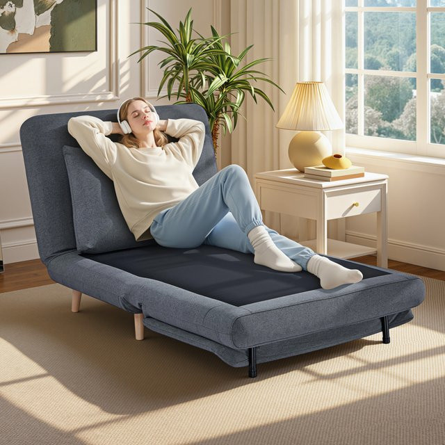 HOMCOM Schlafsessel 3-in-1 als Schlafsofa und Relaxsessel mit Bettfunktion, Leinenoptik in Grau, inklusive Lendenkissen, B/T: 191 x 95 cm - Bild 1