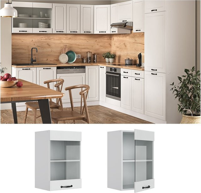 Vicco Küchen-Hängeglasschrank R-Line in Weiß im Landhausstil mit Glastüren, Breite: 40 cm, Höhe: 60 cm, Tiefe: 31 cm - Bild 1