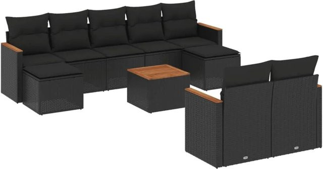 vidaXL 10-tlg Garten-Sofagarnitur aus Poly-Rattan und Akazienholz in Schwarz mit Kissen Modell 56 - Bild 1