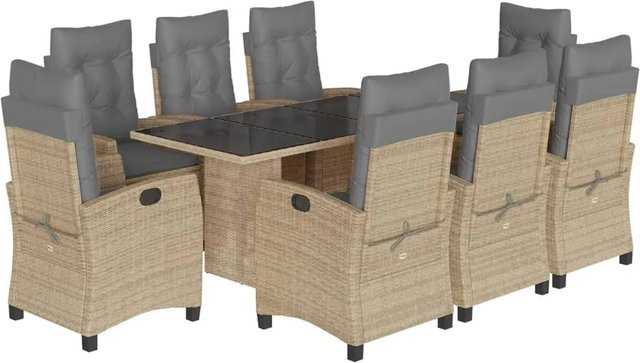 vidaXL 9-tlg Garten-Essgruppe aus PE-Rattan mit Kissen in Beige und Grau sowie Hartglas-Tischplatte - Bild 1