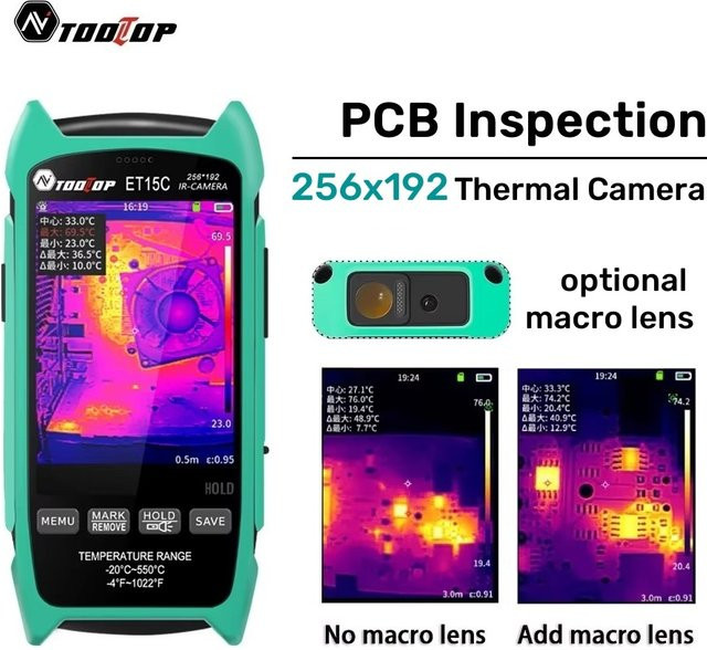 TOOLTOP ET15C Industrielle Wärmebildkamera mit 256 x 192 Auflösung und 3,5 Zoll Display inklusive 15 Farbpaletten zur Inspektion von elektrischen Leiterplatten - Bild 1