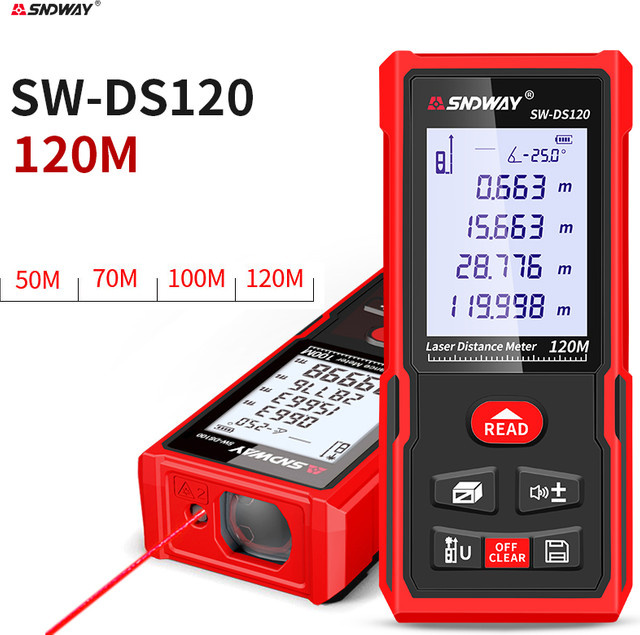 Sndway Digitales Laser-Entfernungsmesser in Rot zur Messung von Entfernung, Fläche und Volumen mit Selbstkalibrierung, Reichweite: 120 m - Bild 1