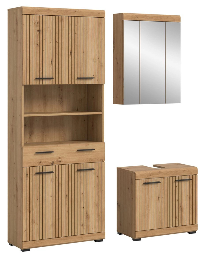 3-teiliges Badmöbel Set Shawn von Inn.Furn in Eiche Matt, bestehend aus Waschtischunterschrank, Spiegelschrank mit LED-Beleuchtung und Hochschrank - Bild 5