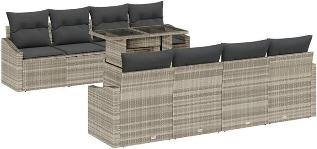 vidaXL Garten-Sofa-Set aus Polyrattan in Hellgrau, 9-teiliges Lounge-Set mit 3-Sitzer-Sofa, Sesseln, Couchtisch und integriertem Stauraum inklusive Polsterkissen - Bild 1