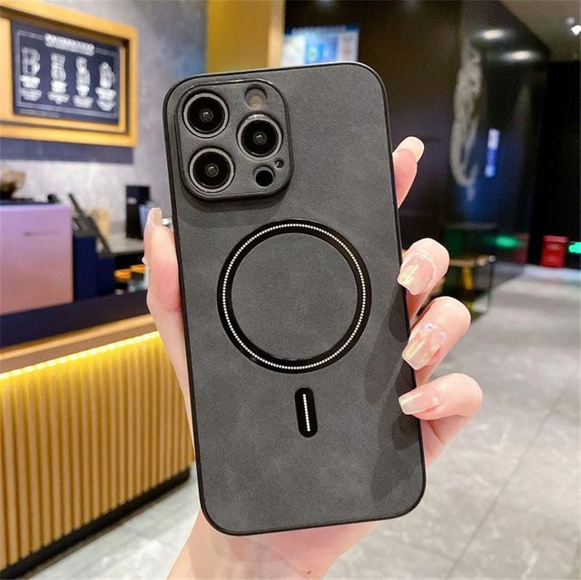 Yiran MagSafe Leder Handyhülle für iPhone 11 bis 16 Pro Max, Stoßfestes Luxus Cover mit kabellosem Laden, Schwarz - Bild 1