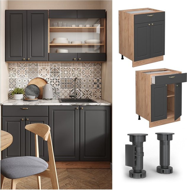 Vicco Küchenunterschrank Fame-Line Landhaus Eiche Anthrazit-Gold mit Schublade und Drehtür Breite: 60 cm - Bild 1