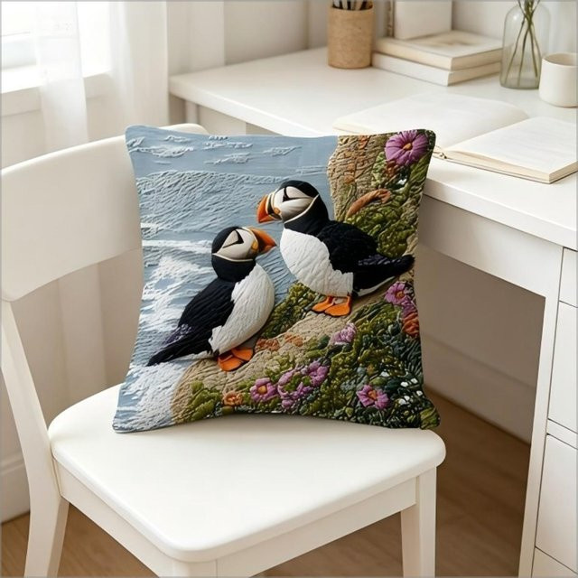 Dekorativer Kissenbezug mit Papageientaucher und Blumen im Faux-Stickerei-Stil von Yuzhou Chumeng Hardware, Grau/Mehrfarbig, B/T/H: 30 x 30 x 1 cm - Bild 1