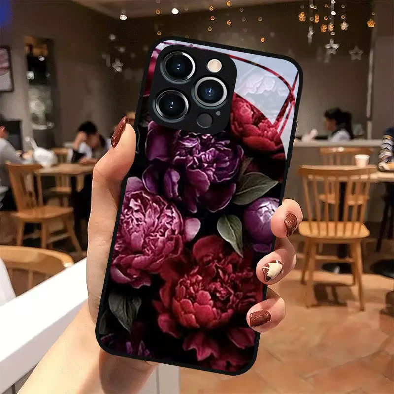 Stoßfeste Handyhülle aus gehärtetem Glas mit lila Pfingstrosen Dunkle Nacht Muster für Samsung Galaxy S25 S24 S23 Ultra Plus FE in Schwarz und Lila - Bild 3