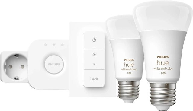 Philips Hue Starter-Set mit 2 x E27 LED Leuchtmittel (Multicolour & White), Dimmer und Hue Bridge, kompatibel mit Amazon Alexa, Apple HomeKit und Google Assistant - Bild 1