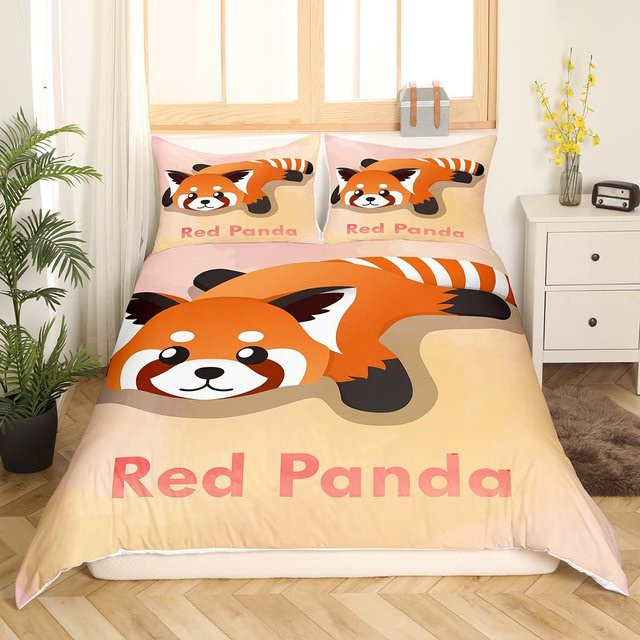 Binchi Outdoor Product Bettwäscheset mit rotem Panda und pinken Sternen, Material Mikrofaser, Breite: 135 cm, Höhe: 200 cm - Bild 1