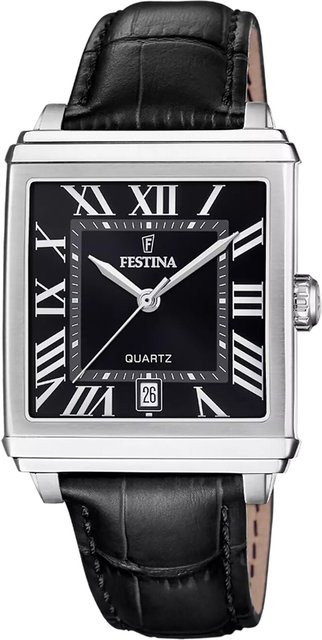 Festina Herrenuhr, Quarz, Edelstahl, Leder, Schwarz, Eckig, 39 mm, 5 ATM - Bild 1