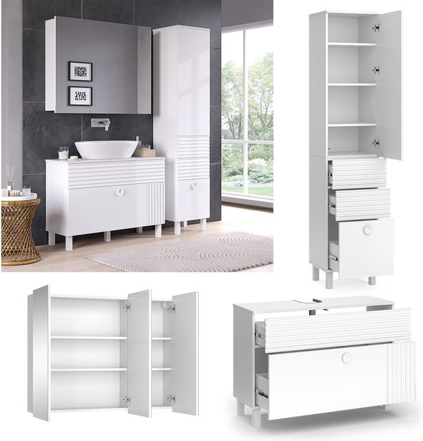 Vicco Badmöbel-Set Sola in Weiß matt bestehend aus Waschtischunterschrank, Spiegelschrank und Hochschrank - Bild 1