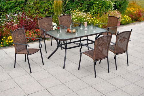 Merxx Gartenmöbelset Roma 7-teilig aus Aluminium und Kunststoffgeflecht in Braun mit Sicherheitsglas-Tischplatte - Bild 1