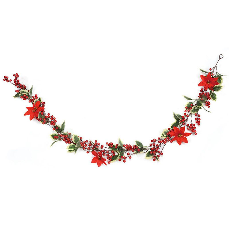 Tooarts Weihnachtliche Stechpalmen-Girlande mit roten Beeren und grünen Blättern aus Kunststoff, 195 cm - Bild 2