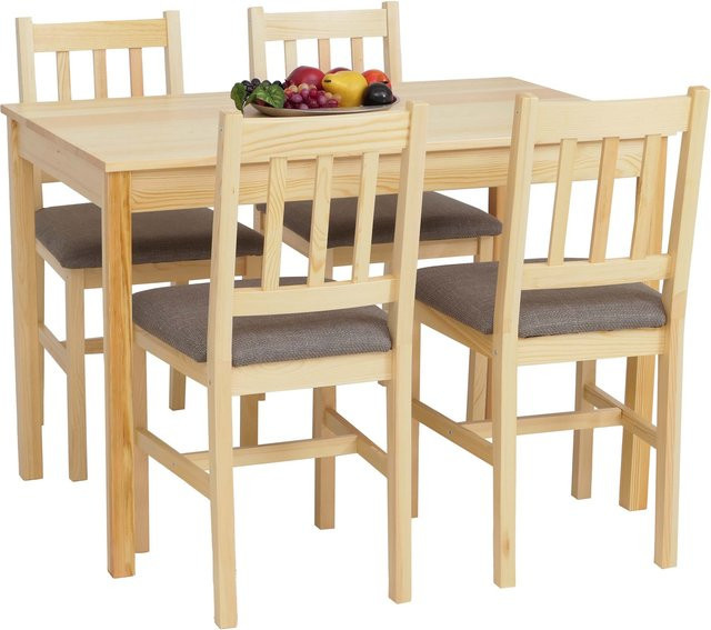 Esszimmer-Set MCW-F77 aus Massiv-Holz Kiefer im Landhausstil mit grauen Polsterstühlen - Bild 1