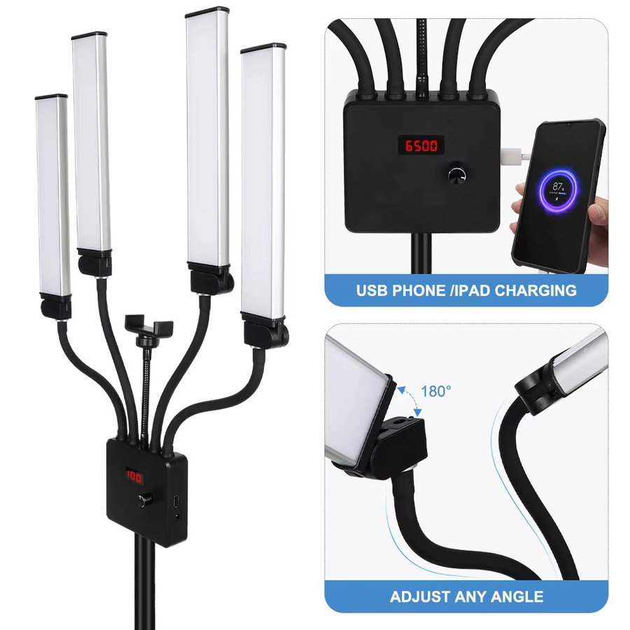 Dimmbare LED-Videoleuchte mit 80 W und vierarmigem Design, inkl. verstellbarem Stativ, Farbtemperatur 3000–6500 K, ideal für Make-up, Maniküre, Tattoo und Live-Streaming, Farbe: Weiß/Schwarz - Bild 3