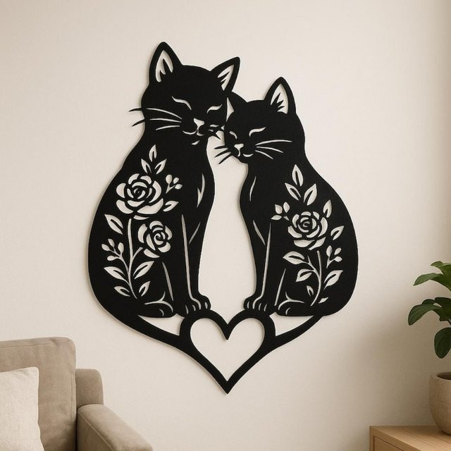 CIFBUY Wandkunst aus Metall mit Katzen- und Herzmotiv in Schwarz als romantische Dekoration - Bild 1