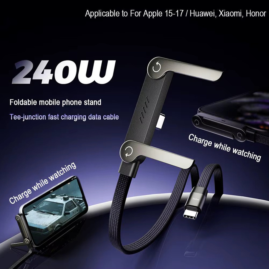 2-in-1 240 W Schnellladekabel und faltbarer Telefonhalter für Smartphone und Tablet in Schwarz mit USB-A und USB-C Anschlüssen - Bild 2