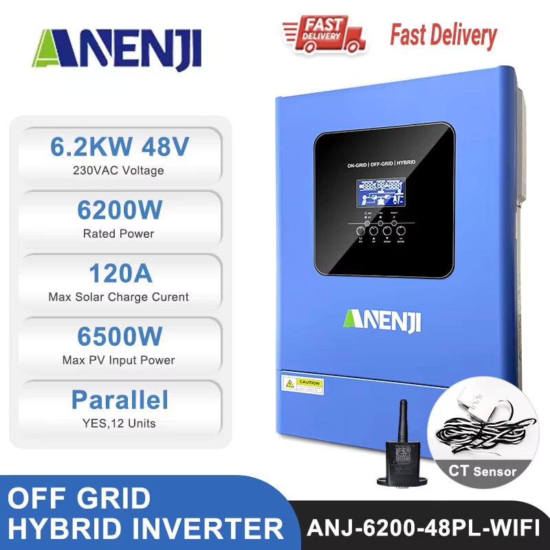 ANENJI Parallel-Hybrid-Solar-Wechselrichter 6,2 kW, 48 V reiner Sinus Off-Grid Wechselrichter mit 120 A MPPT-Laderegler, 230 V, Blau - Bild 2