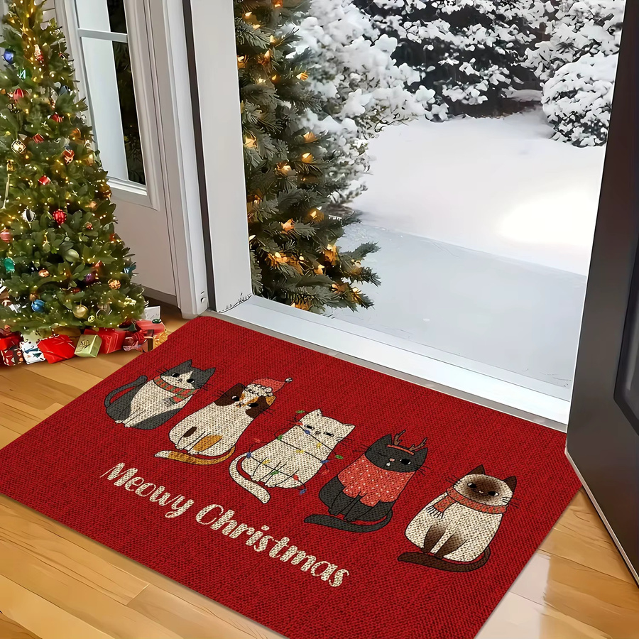 VIKAMA Weihnachtsteppich mit Cartoon-Katze in Rot, weicher Plüschteppich, rutschfest und saugfähig für Eingang, Küche oder Badezimmer - Bild 3