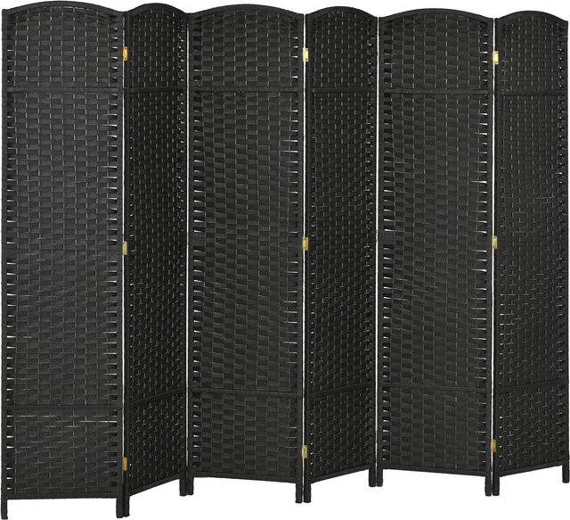 HOMCOM Paravent 6-teilig aus Bambus und Kiefernholz mit Webmuster in Schwarz, B/H: 240 x 170 cm - Bild 1