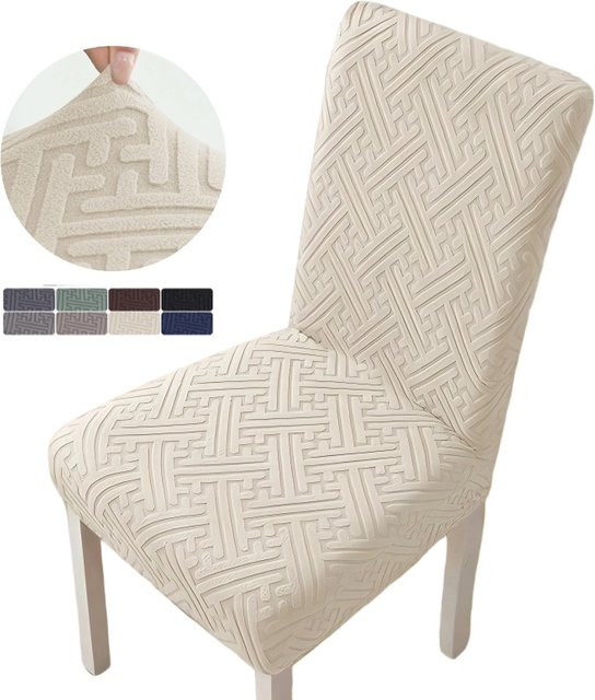 WANERQU Jacquard Esszimmer Stuhl Abdeckung in Beige, elastischer Stretch-Schonbezug, schmutzabweisend und modern - Bild 1