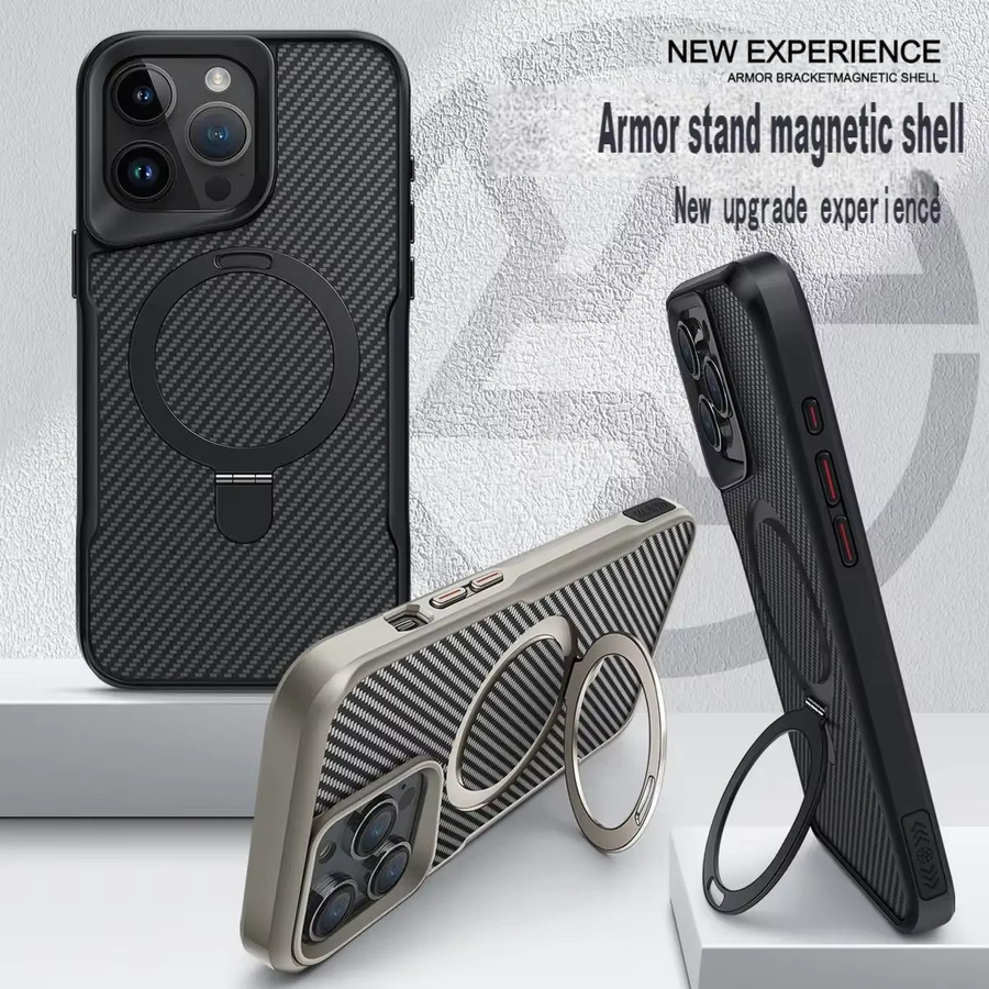 Magnetische iPhone Schutzhülle mit Kohlefaser-Muster und integriertem Ständer aus Aluminiumlegierung für Apple iPhone 12 bis iPhone 17 Pro Max in Schwarz und Grau - Bild 1