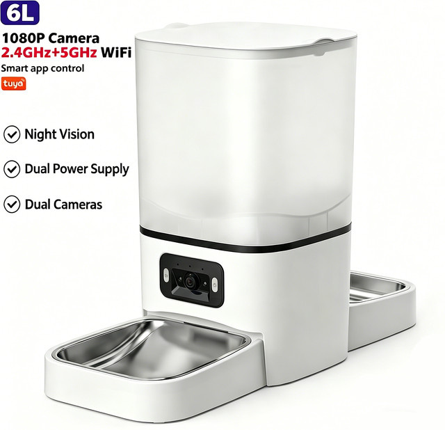 ELEOPTION Automatischer Katzenfutterautomat mit Doppelbehälter, WLAN Smart Pet Feeder mit 1080P HD Nachtsichtkamera und Tuya App-Steuerung, Weiß, 6 l - Bild 1