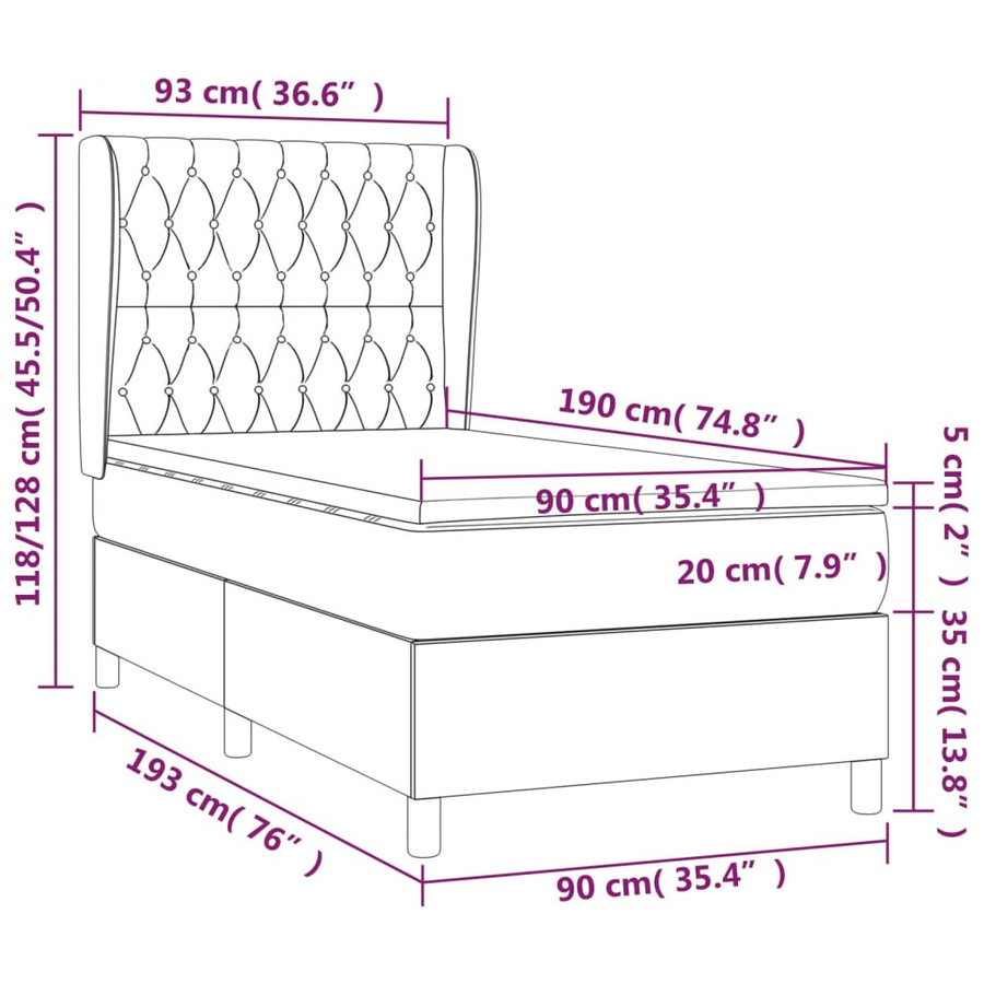 vidaXL Boxspringbett mit Matratze Hybrid-System aus Lärche, Braun, B/T/H: 90 x 190 x 128 cm - Bild 3