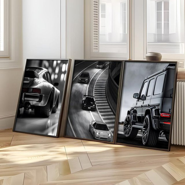 Woffity Luxus-Auto-Fahrzeug-Poster in Schwarz-Weiß als rahmenloser Wandaufkleber für dein Zuhause, Breite: 20 cm, Höhe: 20 cm - Bild 1