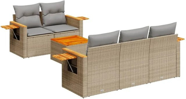 vidaXL 6-teilige Garten-Sofagarnitur aus Poly-Rattan und Akazienholz in Beige mit Kissen - Bild 1