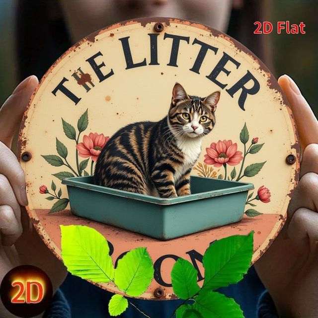 Rundes Vintage-Eisenschild Potdemiel mit Katzentoilette Motiv, mehrfarbige Hängedekoration aus Metall, Durchmesser: 20 cm - Bild 1