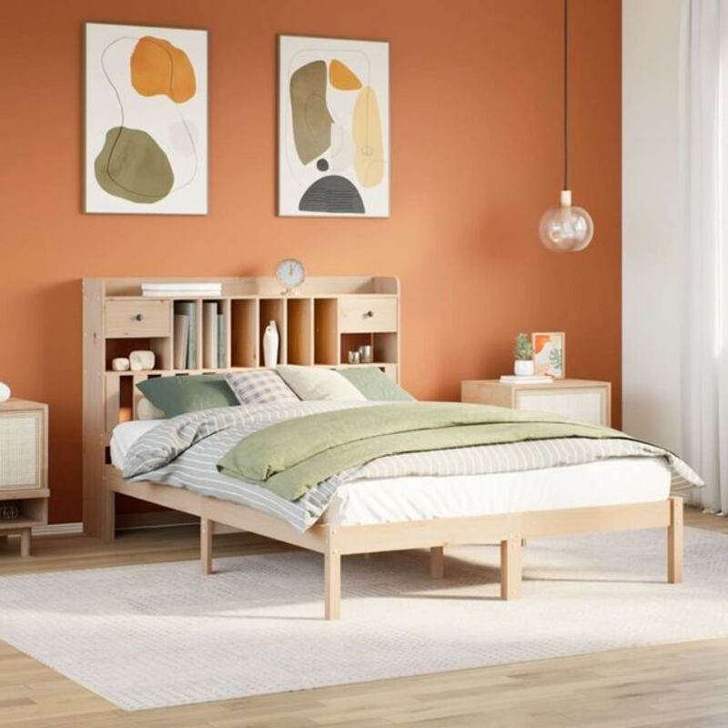 Massivholzbett vidaxl aus Kiefer in Braun mit Regal im Landhaus- und Skandinavischen Stil, B/T: 140 x 190 cm - Bild 1