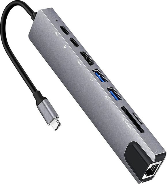 8-in-1 USB-C Docking Station Hub mit HDMI, RJ45 Ethernet, USB 3.0 und SD/TF Kartenleser in Schwarz - Bild 1