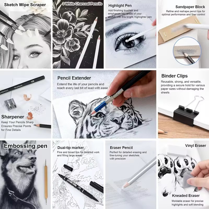 38-teiliges Skizzierbleistift-Set mit Graphit und Holzkohle sowie Mischwerkzeugen in Mehrfarben für professionelle Künstler - Bild 2