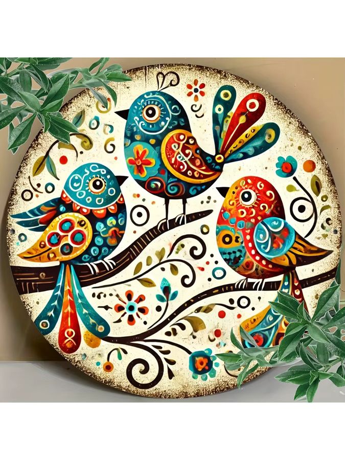 Potdemiel Wandkunst Vogel-Trio aus Metall in Multicolor mit floralen Akzenten, Rundes Eisenschild, Durchmesser: 20,3 cm - Bild 7