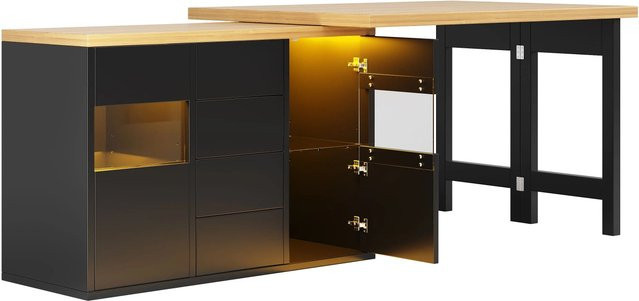 Merax Kücheninsel modern mit 360 Grad Drehung, RGB-LED-Beleuchtung, Glastüren, 4 Schubladen und Einlegeböden, Weiß/Schwarz, B/T/H: 73,8 x 40,0 x 40,0 cm - Bild 1