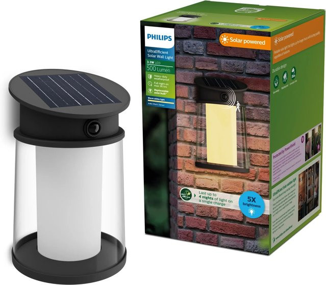 Philips Solar LED Wandleuchte Juda Schwarz mit Bewegungsmelder und Dämmerungssensor IP44 - Bild 1