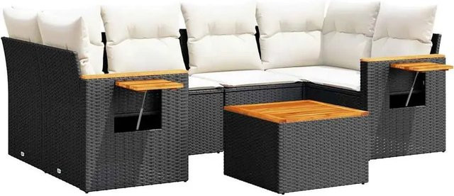 vidaXL 7-teilige Garten-Sofagarnitur in L-Form aus Polyrattan und Akazienholz mit Kissen in Schwarz-Creme - Bild 1