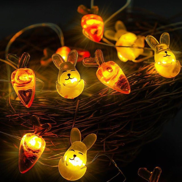 HMM Oster-LED-Lichterkette mit Hasen und Karotten, warmweißes Mehrfarben-Licht, USB-Betrieb, 2 m Länge - Bild 1