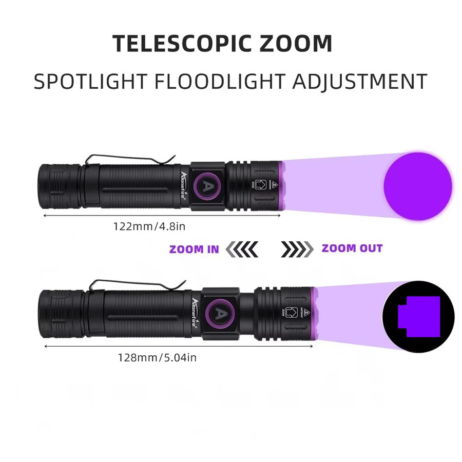 Alonefire Zoom UV-Taschenlampe USB wiederaufladbar Schwarz 365/395 nm Ultraviolett-Licht zur Klebstoff-Härtung und Detektion - Bild 2